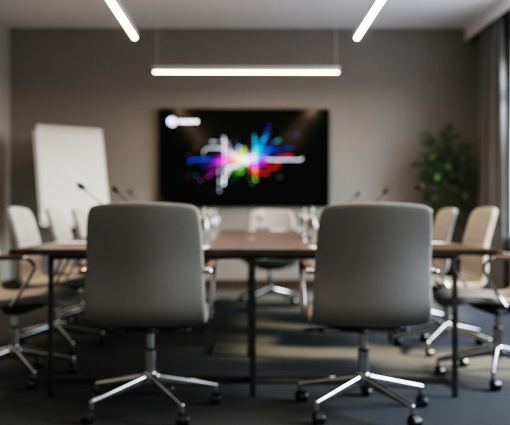 Nowoczesna sala konferencyjna, utrzymana w stonowanych barwach szarości i brązu, jest centralnym punktem obrazu. Wokół długiego, prostokątnego stołu z ciemnobrązowym blatem i czarnymi nogami rozmieszczono beżowe i szare krzesła biurowe na kółkach z chromowanymi podstawami. Na tle jasnoszarej ściany znajduje się duży, czarny monitor wyświetlający kolorową, abstrakcyjną grafikę, a obok niego, po lewej stronie, stoi biała tablica flipchart. Białe, podłużne lampy liniowe wiszą z jasnego sufitu, oświetlając pomieszczenie, natomiast po prawej stronie widać okno z jasnymi zasłonami oraz roślinę w ciemnej doniczce.