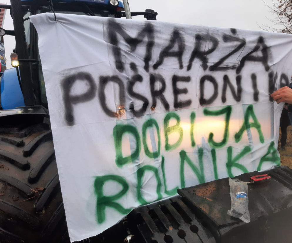 Część ciągnika z transparentem MARŻA POŚREDNIKA DOBIJA ROLNIKA podczas protestu rolników w Środzie Wielkopolskiej. Manifestacja ukazuje niezadowolenie z niskich cen skupu produktów rolnych, o czym więcej przeczytasz na Super Biznes.