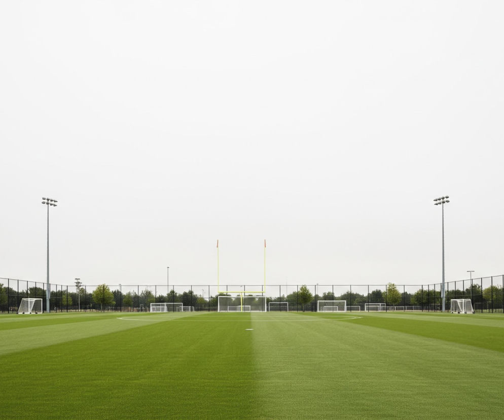 Duży, zielony trawnik boiska, podzielony na pasy jaśniejszej i ciemniejszej zieleni, zajmuje dolną część kadru. Na jego końcu widać białe bramki piłkarskie o różnej wielkości, a pośrodku wysoki, żółty słupek bramki do futbolu amerykańskiego. Za bramkami rozciąga się ciemna siatka ogrodzenia, za którą widać szereg drzew o zielonych koronach. Nad całością dominuje jasne, niemal białe niebo, a z ziemi wyrastają dwa wysokie słupy z oświetleniem.