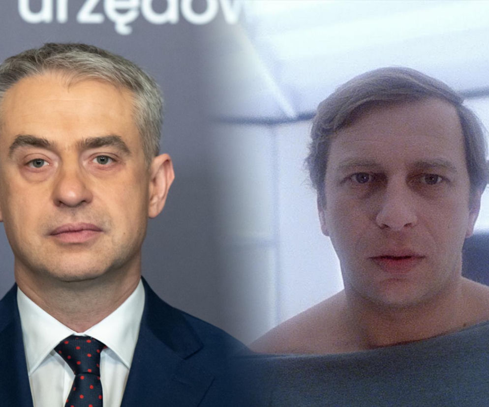 Krzysztof Gawkowski w garniturze z krawatem, obok kolaż z kadrze z filmu, przedstawiający aktora Macieja Stuhra w szarej koszulce, odzwierciedlający konsternację po słowach Gawkowskiego o NFZ. Więcej na ten temat przeczytasz na naszym portalu.
