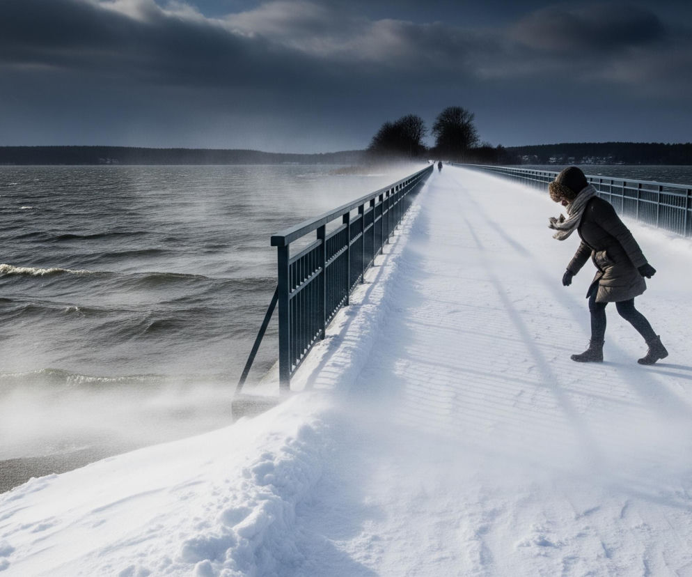 Kobietę w ciemnej kurtce, jasnym szaliku i czapce z futrem, która idzie po zaśnieżonym moście lub kładce, uginając się pod wpływem silnego wiatru. Po lewej stronie kładki rozciąga się wzburzone jezioro z ciemną wodą i białymi falami, a w powietrzu unosi się zmieciony przez wiatr śnieg lub mgła. Horyzont wyznacza ciemny las na brzegu, a nad nim rozciąga się groźne, częściowo zachmurzone niebo, z przebijającymi się gdzieniegdzie jaśniejszymi fragmentami błękitu. Na dalszym planie kładki widać dwie niewyraźne, mniejsze postaci, również idące po śniegu.