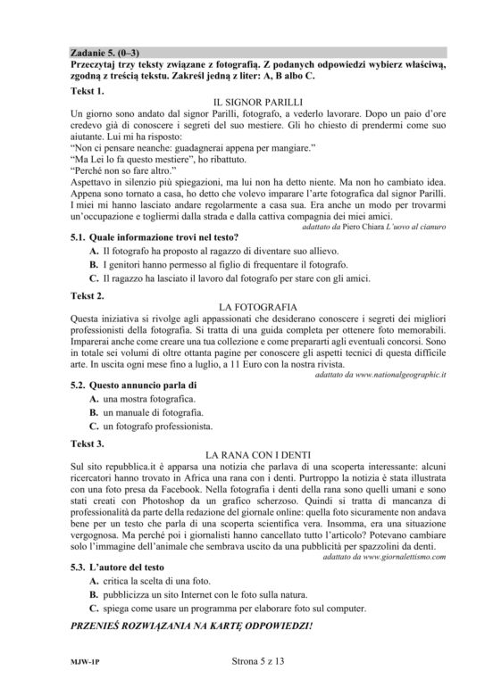 Matura 2020 ARKUSZE CKE: Język włoski podstawowy