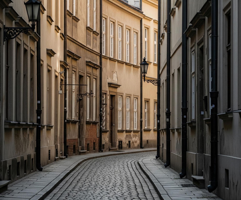 Kamienista ulica zakręca w prawo, otoczona wysokimi, starymi budynkami o jasnych, beżowo-brązowych fasadach. Po obu stronach ulicy ciągną się rzędy prostokątnych okien z białymi ramami, niektóre z nich są ciemne, inne jaśniejsze od światła. Na ścianach budynków widoczne są czarne rynny oraz ozdobne, kute latarnie uliczne, z których jedna wyróżnia się na pierwszym planie po lewej stronie. Brukowana nawierzchnia ulicy, składająca się z małych, nieregularnych kamieni, prowadzi wzrok w głąb perspektywy, gdzie ulica wydaje się zwężać i znikać.