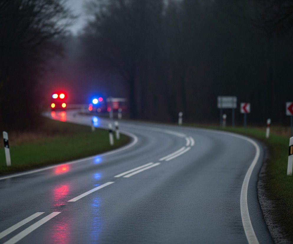 Kręta, mokra droga asfaltowa, z białymi liniami na środku i krawędziach, zakręca w prawo i znika w oddali, gdzie widać czerwone i niebieskie światła pojazdów ratunkowych. Po obu stronach drogi rozciąga się zielony trawnik, a dalej ciemne drzewa tworzą gęsty, zamglony las. Na poboczu stoją biało-czarne słupki odblaskowe oraz znaki drogowe z czerwonymi strzałkami.