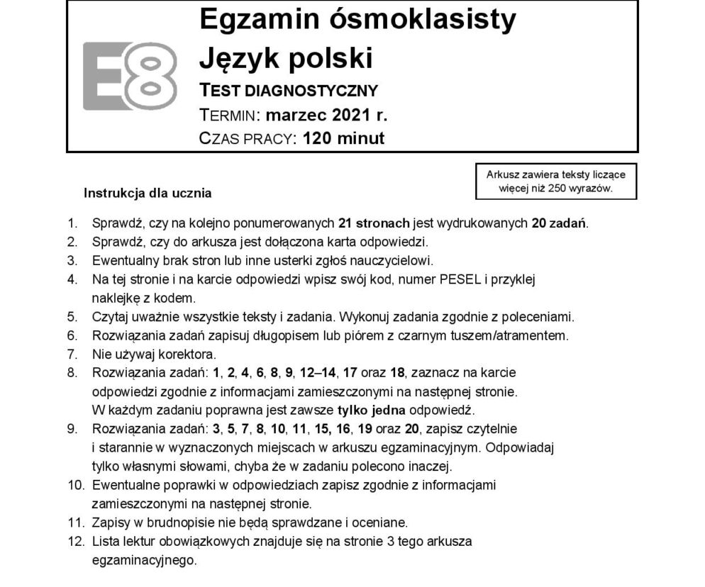 Próbny egzamin ósmoklasisty 2021. Arkusz CKE z języka polskiego