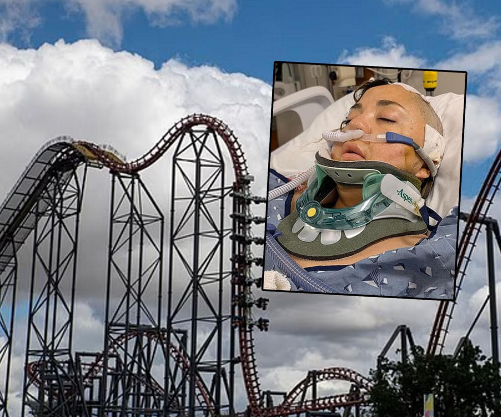 Kolejka górska X2 w Six Flags. Na miniaturze kobieta w kołnierzu ortopedycznym w szpitalu. Więcej w serwisie Eska.
