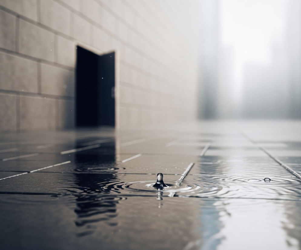 Pojedyncza kropla wody odbija się od tafli wody pokrywającej ciemne, kwadratowe płytki chodnika, tworząc koncentryczne fale. W tle, na lewo od centrum, widać otwarte, ciemne drzwi w ścianie zbudowanej z jasnych, poziomych prostokątnych bloków. Scena jest skąpana w delikatnym, rozproszonym świetle, a dalsza część chodnika i tło rozmywają się w jasnej mgle.