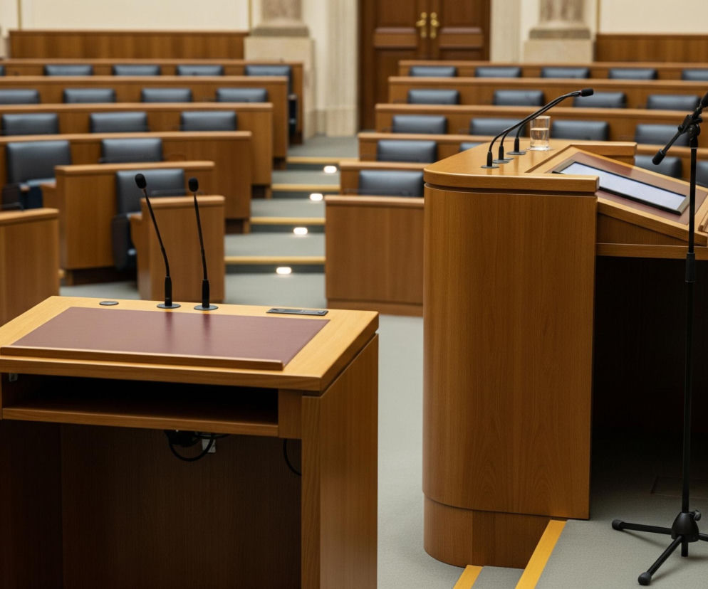 Pomieszczenie wypełnione jest rzędami pustych, czarnych krzeseł z drewnianymi oparciami i blatami, rozmieszczonymi na kilku poziomach, tworząc widownię. Na pierwszym planie po lewej stronie znajduje się niski, drewniany pulpit z dwoma czarnymi mikrofonami i brązowym wkładem na blacie. Po prawej stronie widać wyższy, zaokrąglony, drewniany mównicę z czterema czarnymi mikrofonami, szklanką wody i otwartym tabletem na pulpicie. Na podłodze widoczne są żółte paski wyznaczające przestrzeń, a w tle widać ciemne, drewniane drzwi oraz fragmenty kolumn i ścian w jasnym kolorze.