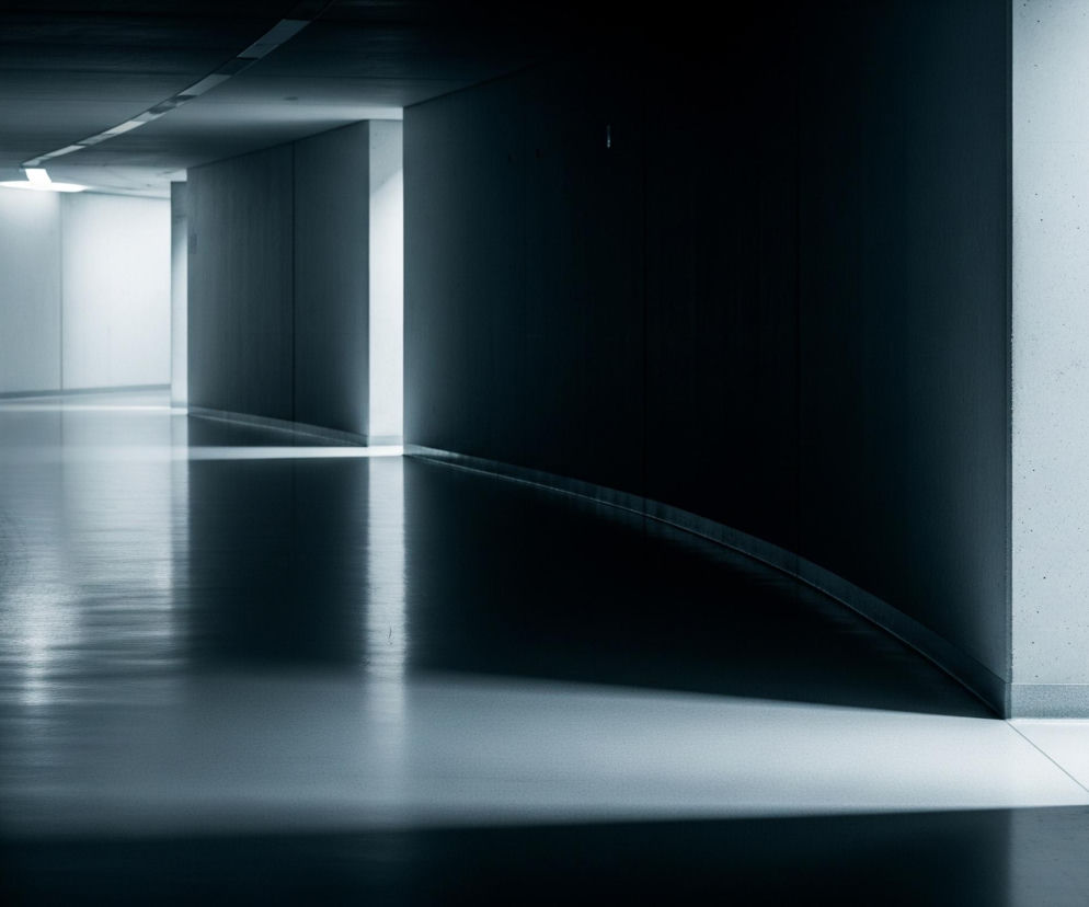 Długi korytarz, oświetlony miejscami, rozciąga się w głąb obrazu. Betonowe ściany i sufit utrzymane są w odcieniach szarości i granatu, tworząc kontrast z jasnymi, niemal białymi fragmentami podłogi i ścian, gdzie pada światło. Po prawej stronie, pionowy pas intensywnego światła wydobywa krawędź ściany, zaś w oddali, na końcu korytarza, widoczne jest pojedyncze, świecące, poziome źródło światła.