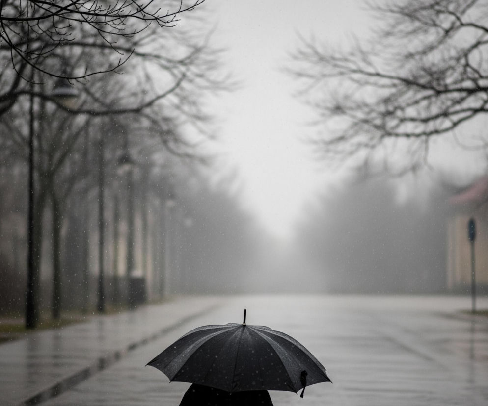 Czarny parasol w zbliżeniu, rozpostarty, z widocznymi na jego powierzchni kroplami deszczu, zajmuje dolną część kadru, osłaniając górną część postaci, której ramiona i plecy są niewyraźnie zarysowane. Tło stanowi zamglona ulica lub aleja, z rzędami bezlistnych drzew po obu stronach, których ciemne pnie i gałęzie zlewają się z szarością. Powierzchnia drogi jest mokra i błyszcząca, a w powietrzu widać drobne, białe punkty, przypominające padający deszcz lub śnieg. Po prawej stronie, w oddali, dostrzegalny jest niewyraźny, niebieski znak drogowy, natomiast cała scena tonie w stonowanej, ponurej kolorystyce z dominującymi odcieniami szarości i czerni.
