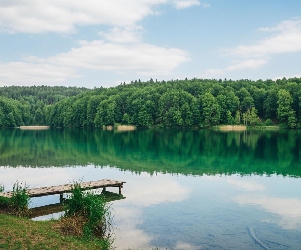 Drewniany pomost wystaje z zielonego brzegu, pokrytego trawą i piaskiem, w kierunku turkusowo-zielonej tafli wody. W oddali, po drugiej stronie jeziora, rozciąga się gęsty, ciemnozielony las liściasty, którego odbicie wyraźnie rysuje się w spokojnej wodzie. Jasnoniebieskie niebo z rozproszonymi białymi chmurami zajmuje górną część kadru.