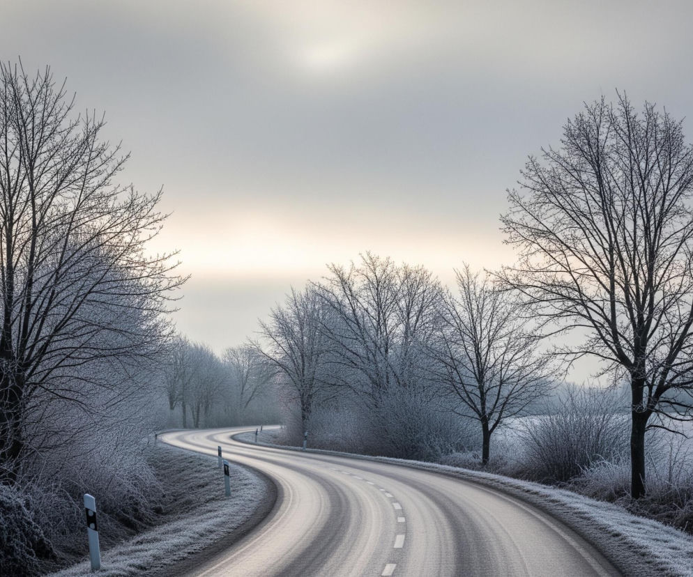 Kręta, dwupasmowa droga z białymi liniami przerywanymi na środku, pokryta jest cienką warstwą szronu i biegnie przez zimowy krajobraz. Po obu stronach drogi rozciąga się równina porośnięta drzewami i krzewami bez liści, również pokrytymi białym szronem. Szare niebo z jaśniejszym, niemal złotym pasmem tuż nad horyzontem tworzy mglistą atmosferę, a na poboczu drogi stoją słupki drogowe z czarno-białymi prostokątami.