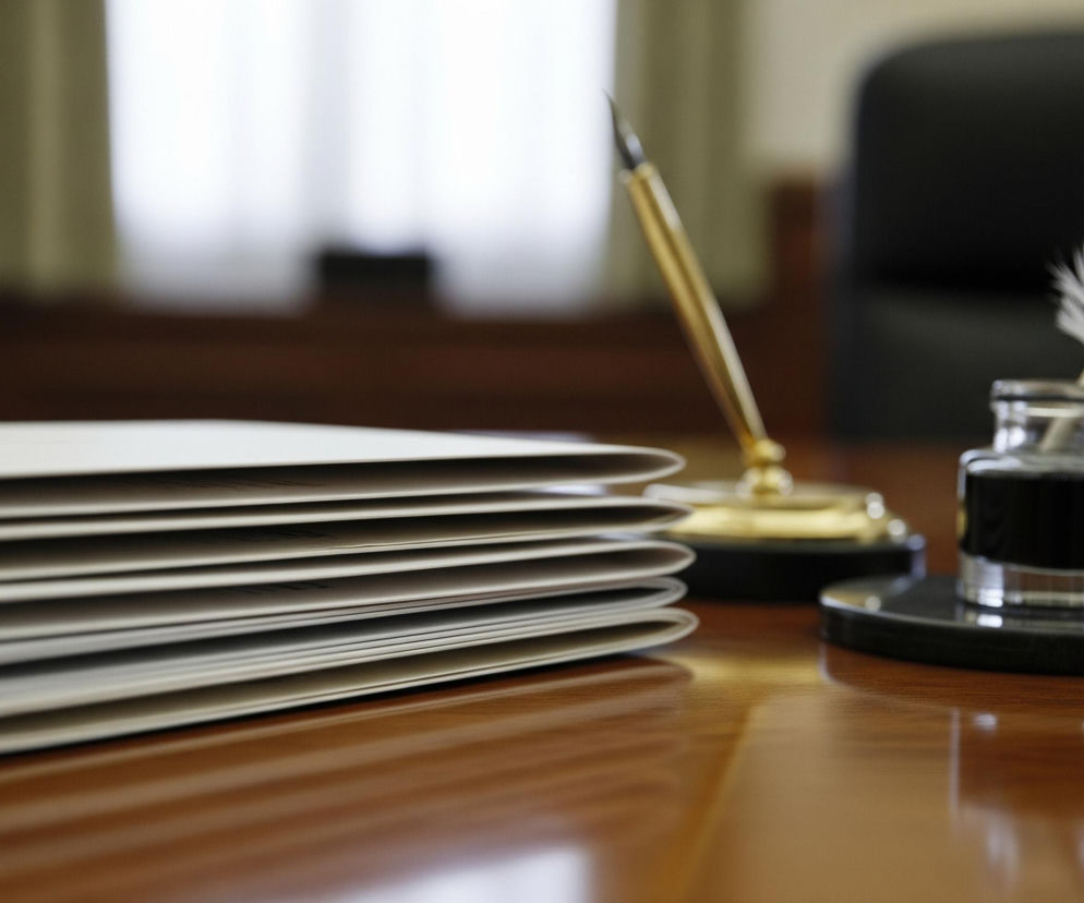 Pięć stosów jasnych papierów umieszczonych po lewej stronie brązowego, drewnianego blatu biurka. Po prawej stronie blatu znajduje się metalowy, złoty długopis w piórniku oraz kałamarz z czarnym tuszem, w którym tkwi białe pióro. Całe biurko jest wyraźnie odbite w jego lśniącej powierzchni. Tło jest rozmyte, z widocznym fragmentem okna zasłoniętego jasnymi zasłonami oraz czarnym oparciem krzesła.