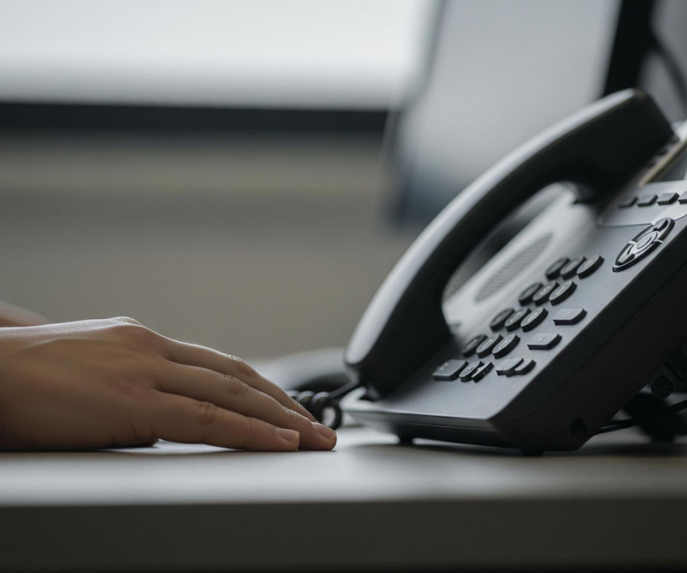 Na biurku, w centrum kadru, znajduje się ciemnoszary telefon stacjonarny z podniesioną słuchawką i widoczną klawiaturą numeryczną oraz ekranem. Po lewej stronie telefonu, na biurku, widoczna jest prawda dłoń osoby ubrana w ciemną marynarkę z białym mankietem koszuli. Tło jest rozmyte, z jasnym prostokątnym kształtem w górnej części sugerującym okno lub monitor.