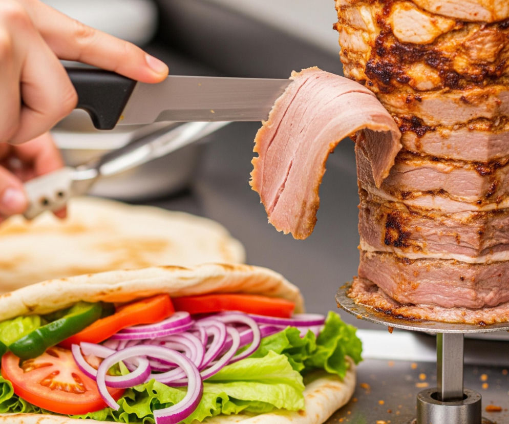 Prawa część obrazu przedstawia pionowy rożen z pieczonym mięsem, prawdopodobnie do kebaba, z wyraźnie widocznymi warstwami lekko przypieczonego mięsa w odcieniach brązu i różu. Nad rożnem, od lewej strony, dłoń trzyma nóż z czarną rękojeścią i srebrnym ostrzem, odcinając cienki płat mięsa, który zawija się w dół. Po prawej stronie rożna widoczny jest pionowy element grzewczy z czerwoną, pomarańczową kratką, wskazującą na wysoką temperaturę.

Na pierwszym planie, w lewej dolnej części kadru, leży otwarta pita wypełniona świeżymi warzywami: liśćmi zielonej sałaty, plastrami czerwonego pomidora, zielonymi paskami ogórka lub papryki oraz pierścieniami fioletowej cebuli. W tle, za pitą z warzywami, widać niewyraźną, jasną, płaską bułkę lub kolejną pitę. Całość sceny rozgrywa się na metalicznym blacie, na którym widać rozsypane drobne, przypieczone kawałki mięsa.