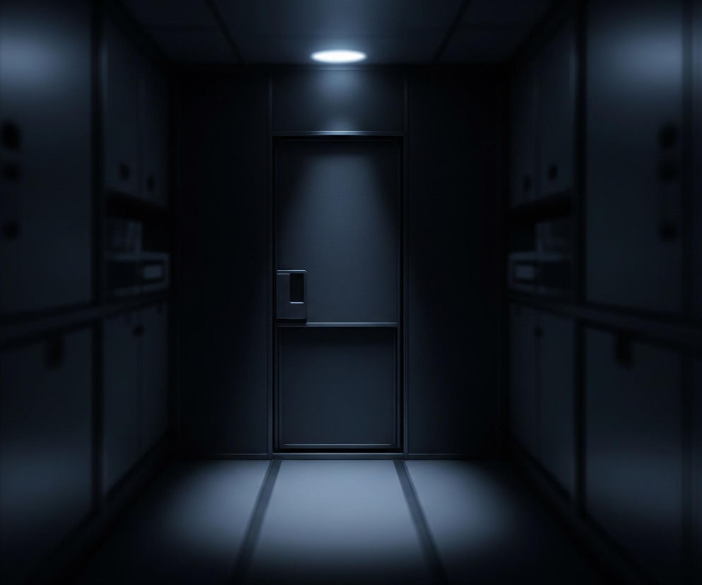 W centrum obrazu znajduje się ciemne, metaliczne, szare drzwi z prostokątną, poziomą klamką po lewej stronie. Bezpośrednio nad drzwiami, na suficie, widoczne jest pojedyncze, okrągłe źródło światła emitujące biało-niebieskawą poświatę, która oświetla drzwi i część podłogi przed nimi. Korytarz po obu stronach drzwi jest ciemny, z niewyraźnymi konturami szafek lub paneli ściennych o podobnym szarym odcieniu, które ciągną się w dal, tworząc wrażenie głębi. Podłoga w świetle ma jaśniejsze, szare panele z ciemniejszymi, równoległymi liniami.