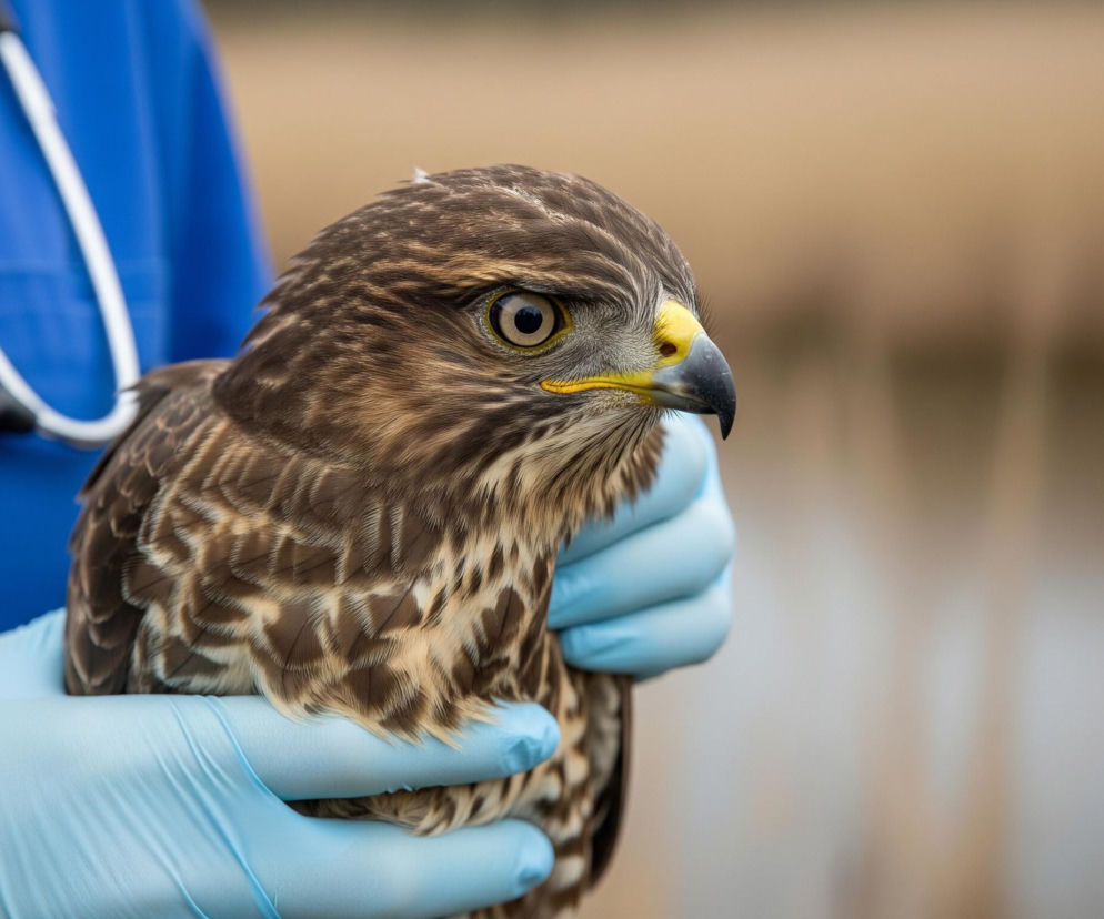 Drapieżny ptak, prawdopodobnie myszołów, o brązowo-białym upierzeniu i żółtych oczach oraz dziobie, jest trzymany w dłoniach ubranych w jasnoniebieskie, lateksowe rękawiczki. Za ptakiem widoczny jest fragment niebieskiego ubrania, prawdopodobnie bluzy medycznej, z zawieszonym na niej srebrno-czarnym stetoskopem. Tło jest rozmyte, w odcieniach beżu i jasnego brązu.