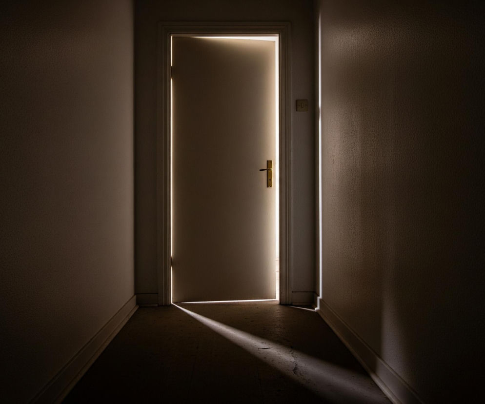 Otworzone białe drzwi w centrum obrazu uchylone są lekko w prawo, ukazując jasne światło prześwitujące zza nich, tworząc pionową, świetlistą szczelinę. Złota klamka widoczna jest na ich powierzchni, a na ścianie po prawej stronie, obok framugi, znajduje się prostokątny włącznik światła w jasnym odcieniu. Światło padające zza drzwi tworzy na ciemnej podłodze trójkątny cień, skierowany w lewy dolny róg, oraz delikatnie oświetla obie ściany korytarza. Ściany pokryte są lekko teksturowaną powierzchnią, widoczną po obu stronach drzwi, a u ich podstawy biegnie biała listwa przypodłogowa.