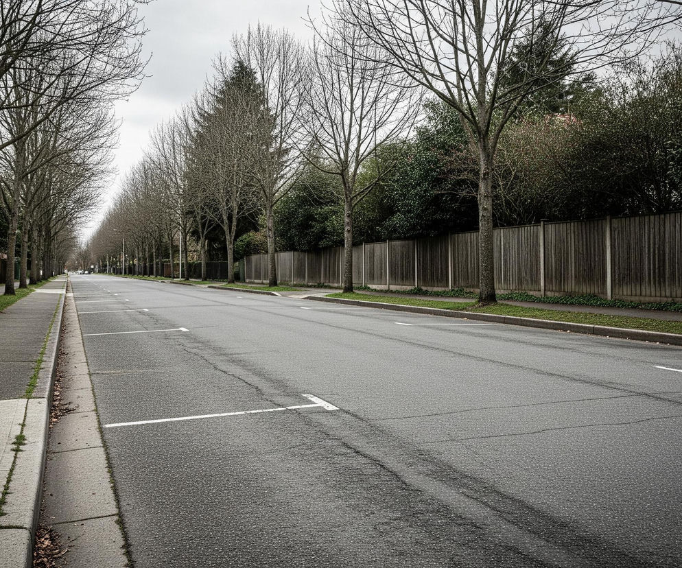 Długa, pusta asfaltowa ulica rozciąga się w głąb obrazu pod pochmurnym, szarym niebem, z rzędami drzew bez liści po obu stronach. Białe, przerywane linie wyznaczają miejsca parkingowe wzdłuż lewego krawężnika. Po prawej stronie drogi widoczny jest drewniany płot, za którym znajdują się gęste krzewy i wysokie drzewa iglaste, a po lewej stronie biegnie betonowy chodnik obok trawników. Dominują szarości, brązy i ciemne zielenie, tworząc stonowaną paletę barw.