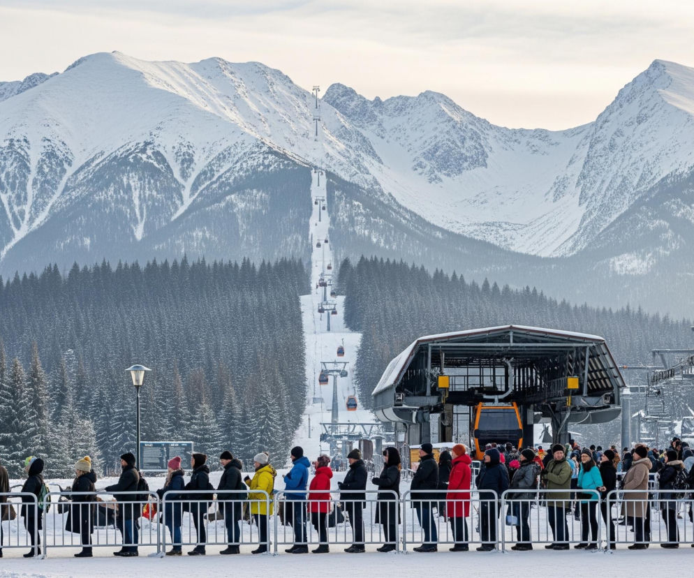 Na zdjęciu widoczna jest kolejka ludzi ubranych w zimowe kurtki, czapki i spodnie, stojących w rzędzie za metalowymi barierkami, czekających na wjazd kolejką gondolową. Za nimi, po prawej stronie, znajduje się stacja początkowa kolejki z metalową konstrukcją i pomarańczową gondolą w środku, a także drewniane budynki z ośnieżonymi dachami. W tle rozciąga się szerokie pasmo ośnieżonych gór, częściowo pokrytych gęstym lasem iglastym w ciemnych odcieniach zieleni i szarości. Stok górski przecina trasa narciarska z widocznymi słupami i jadącymi w górę pomarańczowymi gondolami. Niebo jest jasne, o lekko zachmurzonej strukturze.