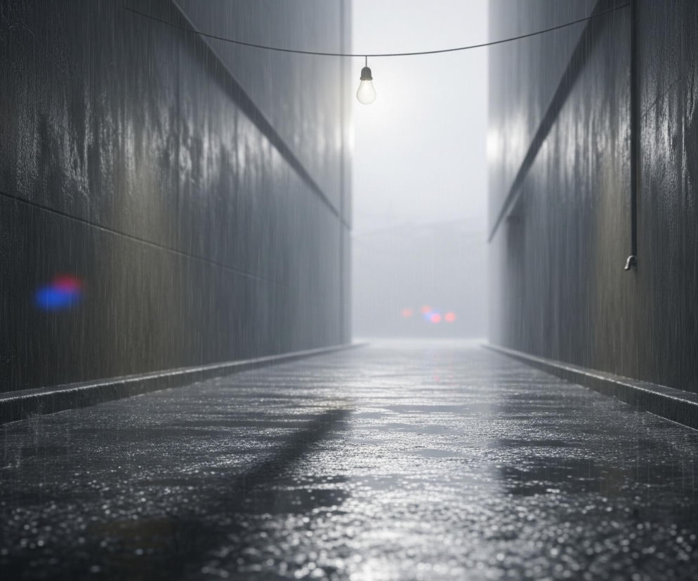 Wąskie, ciemne przejście między wysokimi ścianami jest zalane deszczem, a krople wody spływają po pionowych powierzchniach i tworzą kałuże na posadzce. Na pierwszym planie, w centralnej części, zwisa z przewodu pojedyncza żarówka, emitując ciepłe, białe światło. W oddali, w jaśniejszej mgle, widoczne są rozmyte czerwone i niebieskie światła, prawdopodobnie lampy pojazdu, odbijające się delikatnie na mokrej nawierzchni.