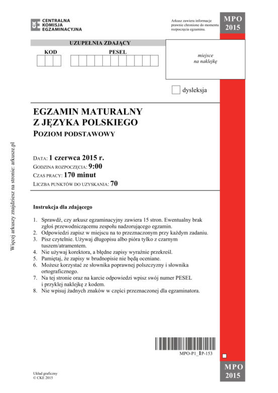 Matura poprawkowa język polski 2015 sierpień (poziom podstawowy)