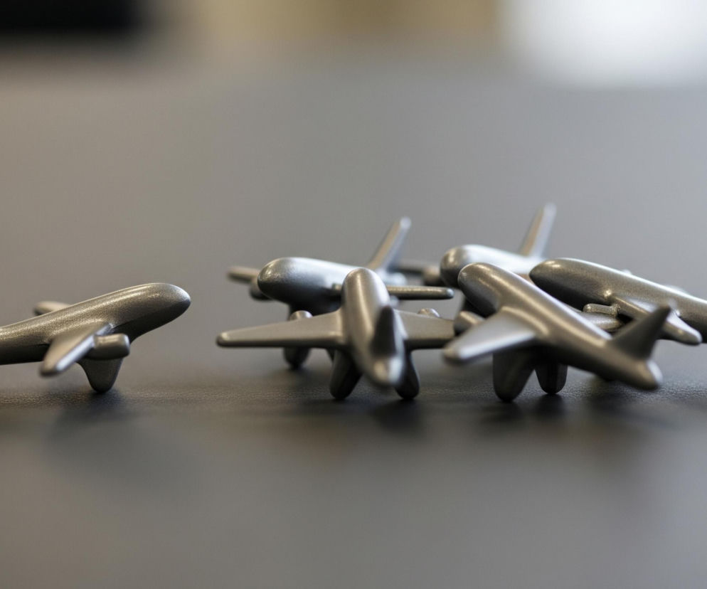 Na ciemnoszarym, lekko błyszczącym blacie leży siedem miniaturowych figurek samolotów w kolorze metalicznym, srebrnoszarym. Jeden samolot znajduje się z lewej strony kadru, skierowany dziobem w prawą stronę, natomiast pozostałe sześć samolotów tworzy skupioną grupę po prawej stronie, leżąc w różnych kierunkach. Tło jest rozmyte, ukazując jaśniejsze odcienie szarości i beżu, co sugeruje płytką głębię ostrości.