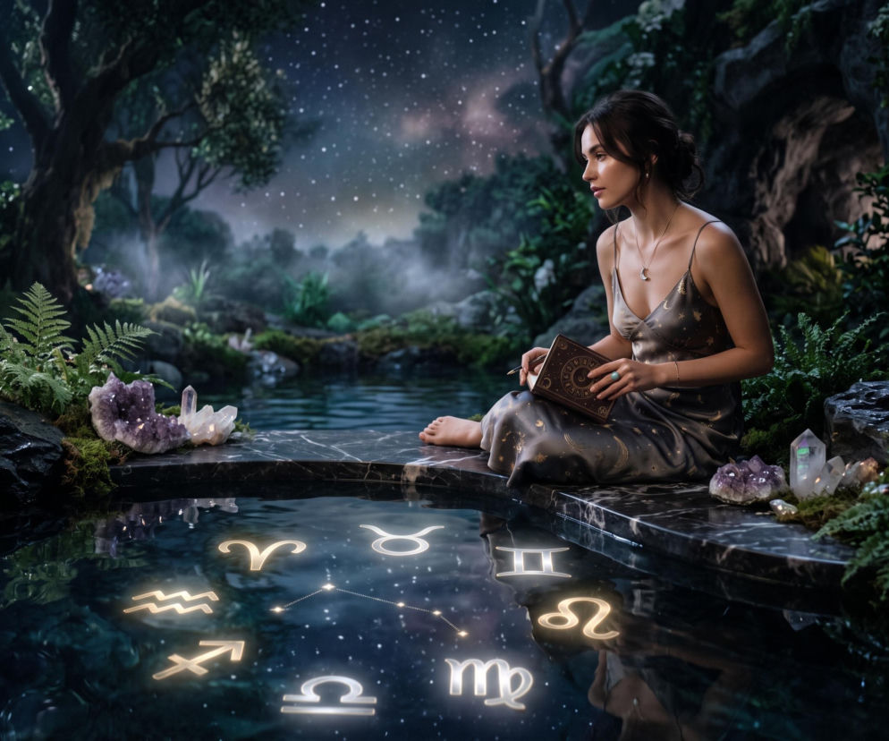 Kobieta z horoskopem dziennym w księdze, z symbolami znaków zodiaku odbijającymi się w wodzie, w tajemniczym leśnym otoczeniu. Przeczytaj, co gwiazdy przewidują dla Ciebie na naszym portalu.