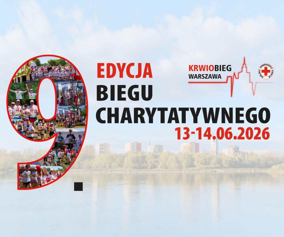 Grafika promocyjna 9. edycji charytatywnego Krwiobiegu Warszawa, z dużą cyfrą 9 wypełnioną zdjęciami uczestników biegów i marszów nordic walking oraz logiem Krwiobieg Warszawa PCK. Wydarzenie wspiera honorowe krwiodawstwo, o czym dowiesz się więcej na Poradnik Zdrowie.