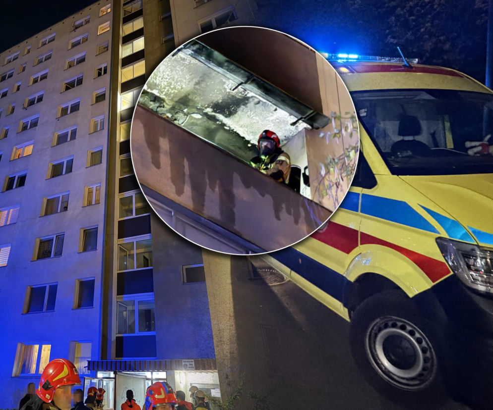 Pożar na warszawskich Bielanach. Dwie osoby w szpitalu. Z mieszkania na siódmym piętrze zostały zgliszcza