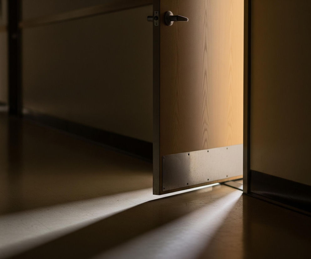 Na pierwszym planie widoczne są otwarte drzwi w jasnym, drewnianym kolorze, wyposażone w metalową klamkę i dolną płytę ochronną. Przez uchylone drzwi wpada jasne światło, rzucając wyraziste cienie na ciemną podłogę pokrytą kwadratowymi płytkami. Tło przedstawia długi korytarz z kremowymi ścianami i kolejnymi drzwiami, zanurzonymi w półmroku, co kontrastuje z intensywnie oświetloną częścią przy otwartych drzwiach.