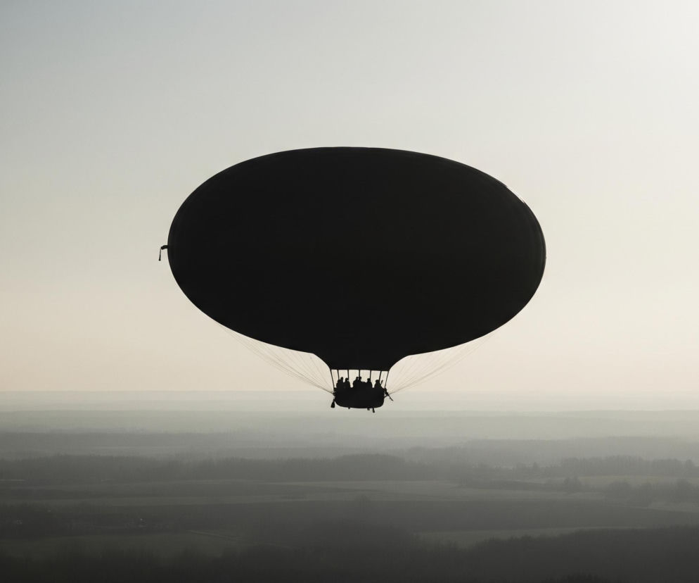 Czarny balon na gorące powietrze, oświetlony od tyłu, unosi się na tle jasnego, mglistego nieba. Jego duży, owalny kształt dominuje w centralnej części kadru, a pod nim widać kosz z pasażerami, stanowiący ciemne sylwetki. Poniżej rozciąga się rozmyty krajobraz z widocznymi warstwami pól i lasów, które stopniowo zlewają się z horyzontem w coraz jaśniejsze odcienie szarości i bieli.