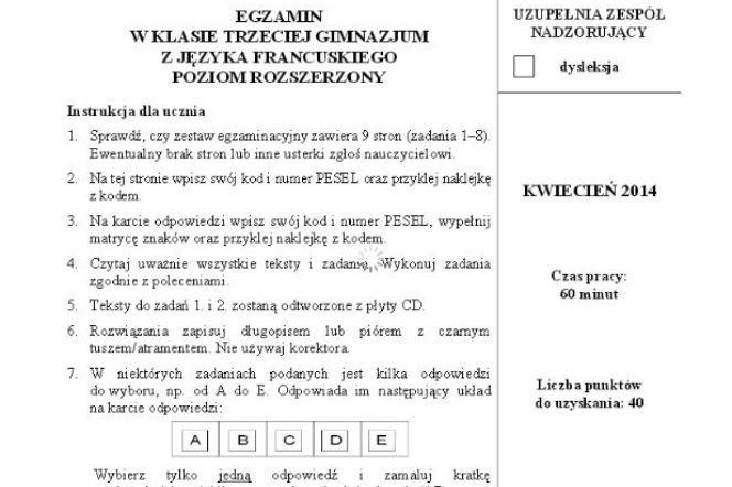 EGZAMIN GIMNAZJALNY 2014 JĘZYK FRANCUSKI - ARKUSZE z CKE poziom ROZSZERZONY