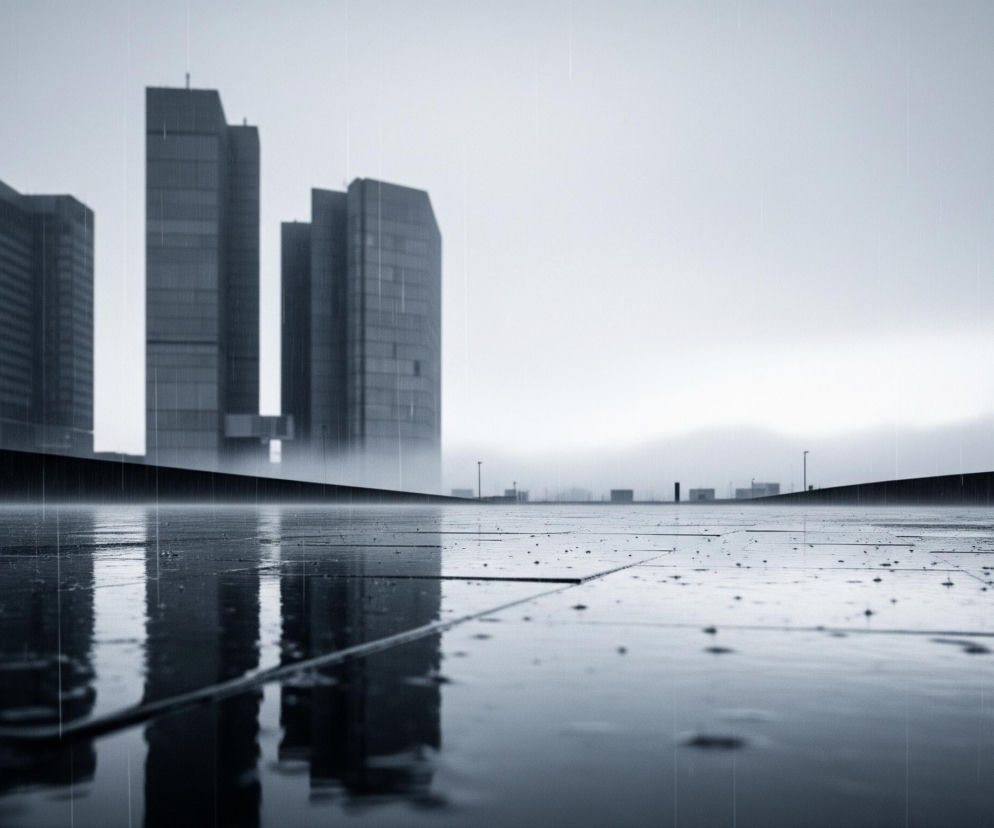 Na pierwszym planie widoczny jest mokry, ciemny chodnik złożony z płytek, odbijający światło i elementy otoczenia. Kropelki deszczu spadają na powierzchnię, tworząc drobne zmarszczki na wodzie, co potęguje wrażenie opadów. Horyzont wyznacza ciemny mur biegnący przez całą szerokość kadru, za którym widać grupę wysokich, szarych budynków o modernistycznej architekturze, częściowo przysłoniętych mglistym tłem. Po prawej stronie kadru, na skraju, widoczny jest fragment ciemnego budynku z rzędami okien.