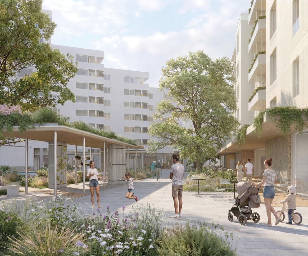 Wizualizacja nowoczesnego, jasnego osiedla z ludźmi na dziedzińcu. O nowym projekcie Szpiegowa przeczytasz na Architektura.