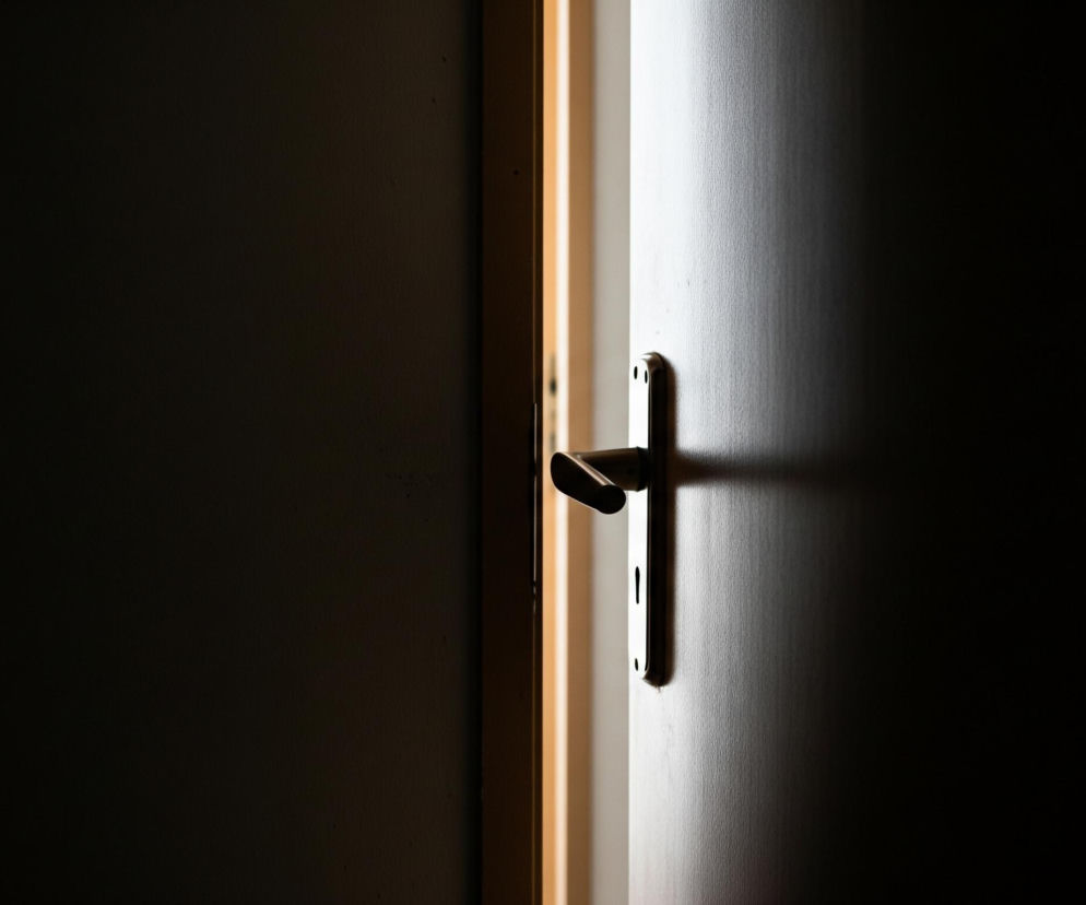 Przymknięte, białe drzwi z metalową klamką znajdują się w centralnej i prawej części kadru. Z lewej strony szczeliny drzwi widać wąski pionowy pas jasnego, ciepłego światła, które rzuca cień na krawędź drzwi i rozjaśnia ich prawą powierzchnię w pobliżu klamki. Lewa strona drzwi i przestrzeń na lewo od nich pogrążone są w głębokim cieniu, tworząc kontrast z jasną szczeliną.