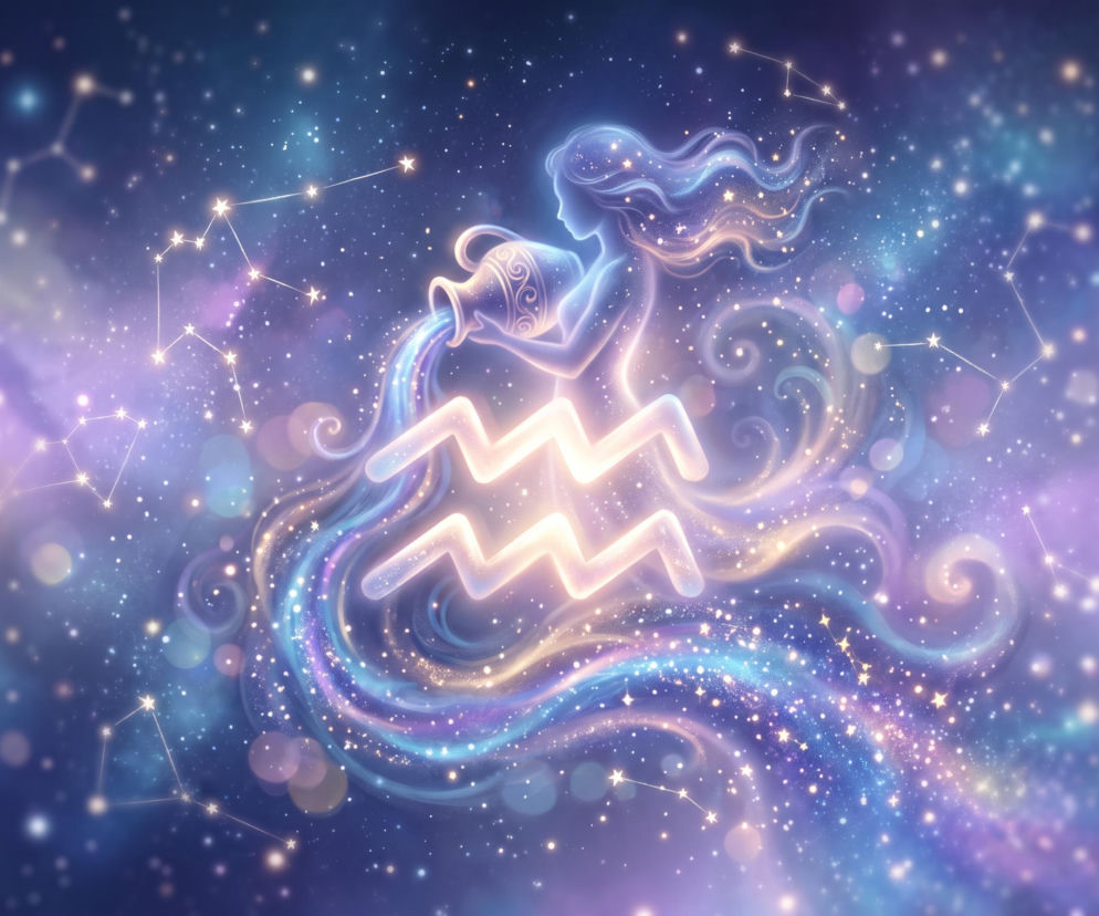 Sylwetka kobiety z dzbanem i symbol znaku zodiaku Wodnik na tle gwiazd. O horoskopie dla Wodnika przeczytasz na Eska.