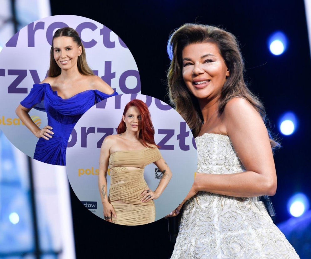 Agnieszka Hyży w eleganckiej, niebieskiej sukni z dekoltem na tle wydarzenia Wrocław Przyszłości. Margaret w beżowej kreacji bez ramiączek i Edyta Górniak w długiej, białej sukni z misternymi wzorami, uśmiechnięte na scenie. Więcej o ich stylizacjach przeczytasz na naszym portalu.