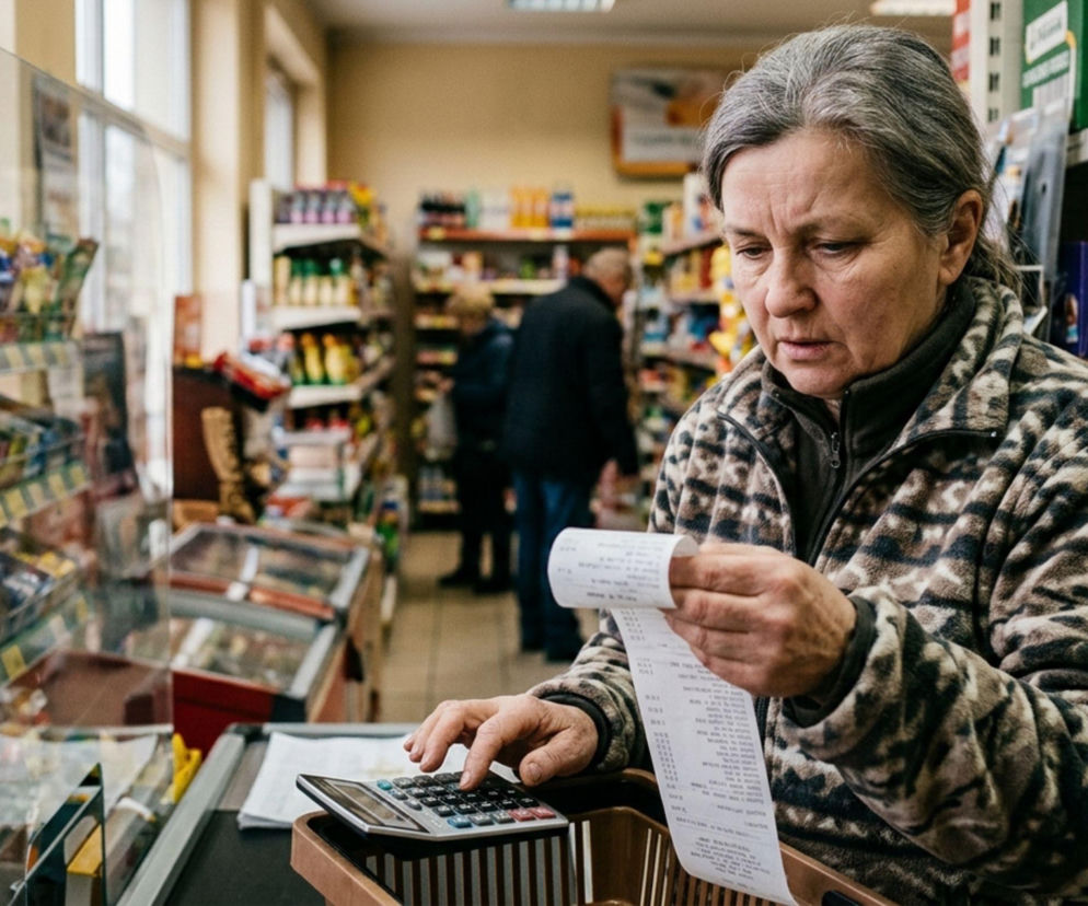 Starsza kobieta w supermarkecie porównuje ceny na paragonie z kalkulatorem, odzwierciedlając rosnące koszty życia i inflację. Kobieta ma zmartwiony wyraz twarzy. Więcej o przyspieszeniu inflacji w maju dowiesz się na Super Biznes.