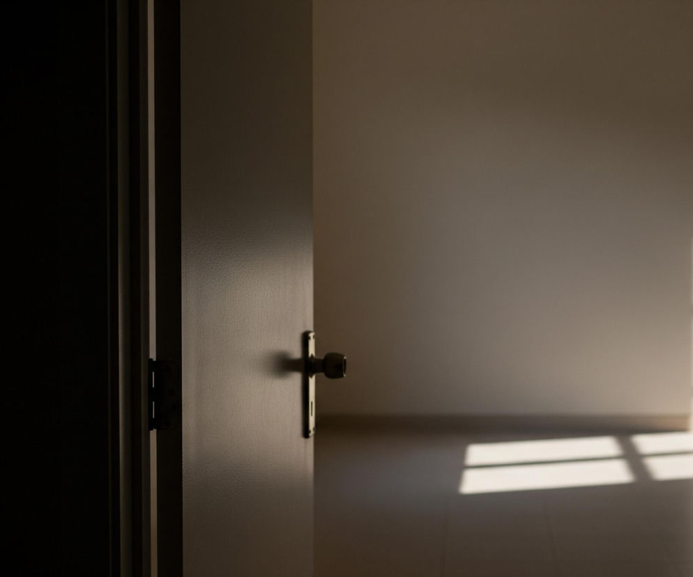 Uchylone ciemne drzwi zajmują lewą część kadru, z klamką w centrum i zawiasami widocznymi na krawędzi. Po prawej stronie drzwi rozciąga się przestrzeń wnętrza z jasnymi ścianami i podłogą, na której wyraźnie widać prostokątne plamy słonecznego światła oraz cienie. Ogólne oświetlenie jest miękkie, tworząc kontrast między ciemnym pierwszym planem a jaśniejszym tłem.