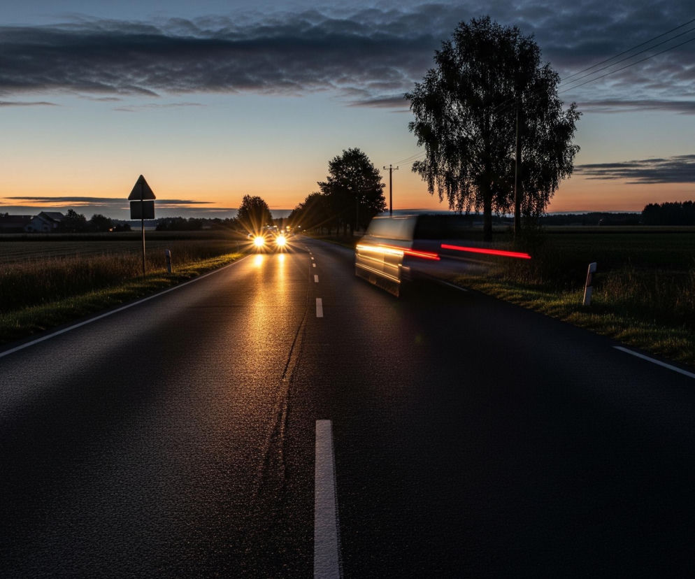 Ciemna, asfaltowa droga biegnie przez środek kadru, widoczna w perspektywie, z białymi przerywanymi liniami pośrodku i ciągłymi liniami na krawędziach. Po prawej stronie drogi widać rozmyty samochód z długimi, czerwonymi smugami świateł tylnych i żółtymi odblaskami karoserii, a w oddali, na horyzoncie, jadą w kierunku obserwatora dwa samochody z mocno świecącymi, żółtymi światłami mijania. Po obu stronach drogi rozciągają się pola i pasy zieleni, z ciemnymi drzewami i słupami energetycznymi. Nad horyzontem niebo jaśnieje odcieniami pomarańczy i błękitu, przechodząc w ciemniejsze pasma chmur u góry.