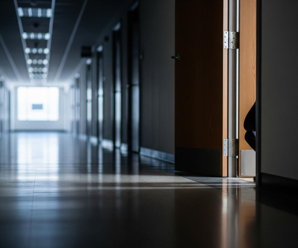 Otworzone, drewniane drzwi z metalowymi zawiasami znajdują się po prawej stronie kadru, oświetlone światłem padającym zza nich, ukazując ciemny fragment odzieży w kącie. Długi, prosty korytarz rozciąga się w głąb obrazu, z rzędami drzwi i lamp sufitowych odbijających się na lśniącej, ciemnej posadzce. Na końcu korytarza widoczne jest jasne, prostokątne okno lub wejście, z którego bije intensywne, rozproszone światło, tworząc kontrast z ciemnymi ścianami i podłogą. Całość utrzymana jest w chłodnej palecie barw, głównie szarości i błękity, z ciepłym akcentem drewna drzwi.