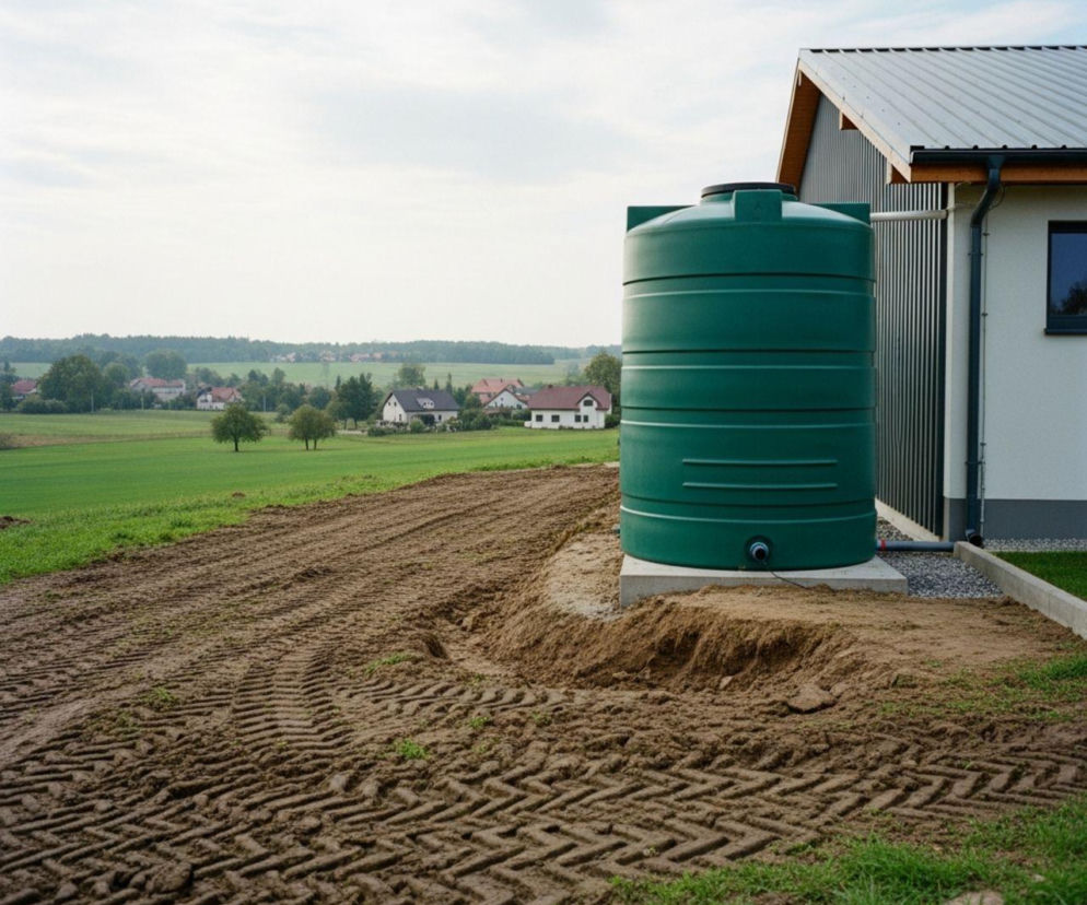 Duży, zielony zbiornik na wodę deszczową przy budynku gospodarczym na tle pól i domów, ilustrujący korzyści z programów wspierających rolnictwo. Dowiedz się więcej o dotacjach na retencję na Super Biznes.