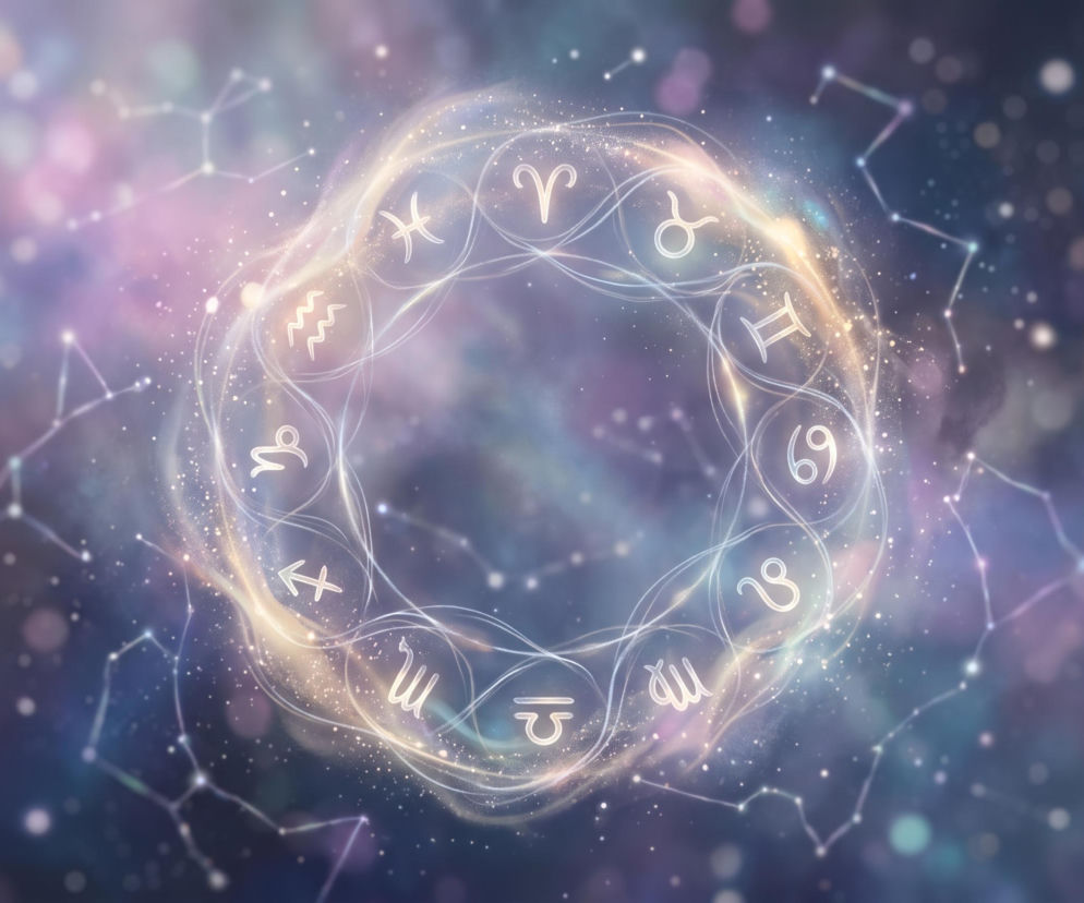 Świecący krąg z dwunastoma symbolami zodiaku na tle gwieździstego kosmosu. O horoskopie dziennym przeczytasz na VOX FM.