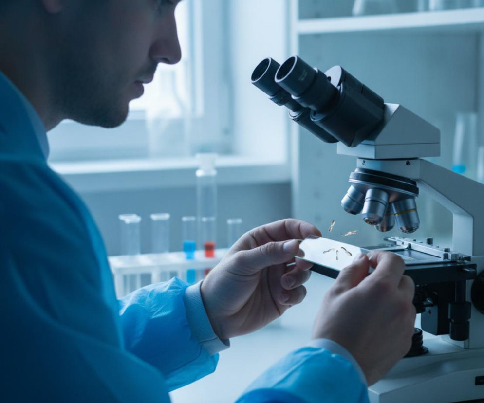 Mężczyzna w laboratorium, ubrany w niebieski kitel, analizuje próbkę pod mikroskopem, badając plemniki na szkiełku laboratoryjnym. Scena symbolizuje naukowe badania nad męską płodnością i wpływem antybiotyków, o czym więcej przeczytasz na Poradnik Zdrowie.