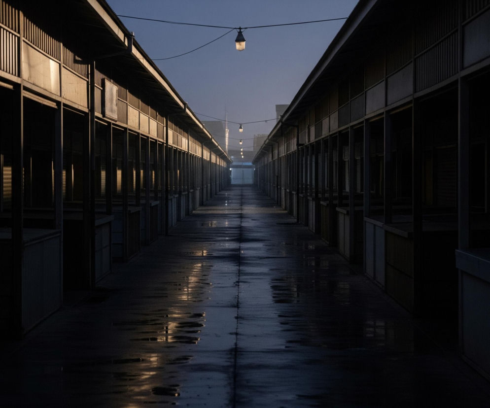 Długa aleja handlowa w nocy, otoczona po obu stronach przez puste stoiska targowe wykonane z metalowych konstrukcji i paneli, dominuje głęboki, ciemny błękit. Deszczowa nawierzchnia odbija żółtawe światło pojedynczych, wiszących lamp, tworząc jasne refleksy na mokrym podłożu. W dali widoczna jest gęsta mgła, która zaciera kontury horyzontu i dalszych konstrukcji.