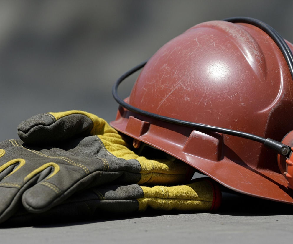 Ciemnoczerwony kask roboczy z przymocowaną lampą znajduje się po prawej stronie obrazu, lekko przewrócony na bok. Kask jest wyraźnie porysowany i nosi ślady użytkowania. Czarna lampa z pomarańczową obudową i srebrnym odbłyśnikiem jest przymocowana do przodu kasku. Obok kasku, po lewej stronie, leży para grubych, ochronnych rękawiczek w kolorach szarym i jasnożółtym, ułożonych jedna na drugiej. Tło jest rozmyte i jednolicie szare, co skupia uwagę na sprzęcie roboczym leżącym na płaskiej, również szarej powierzchni.