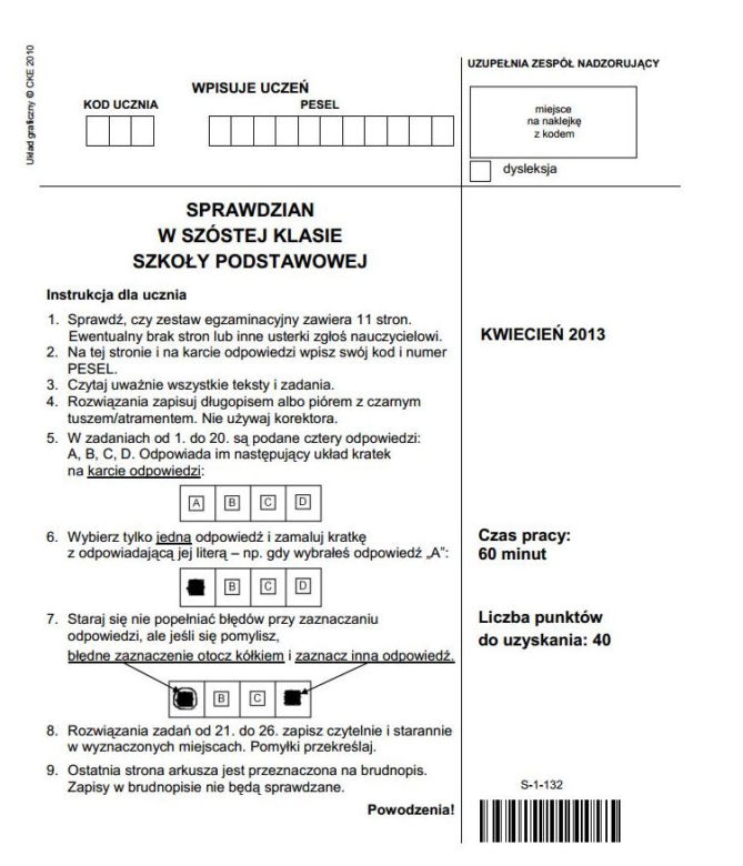 Sprawdzian szóstoklasisty, arkusze