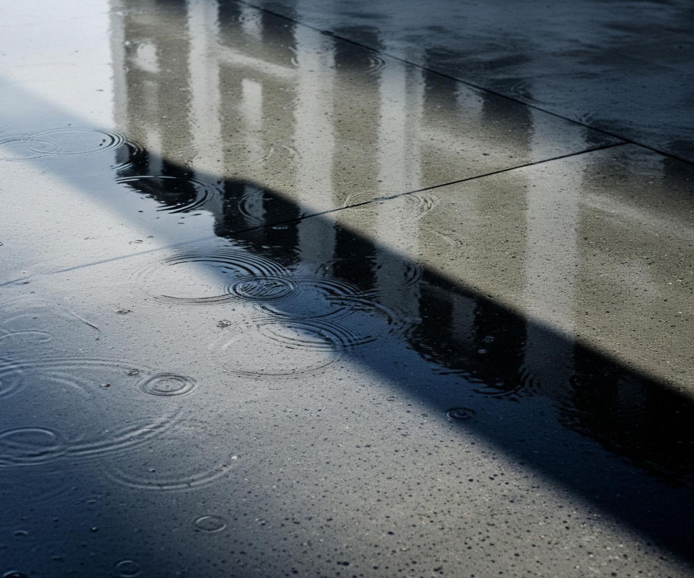Betonowa nawierzchnia pokryta jest kałużami, w których odbijają się zarysy budynków oraz pionowych, jasnych elementów. Na powierzchni wody widoczne są liczne koncentryczne kręgi, powstałe od spadających kropli deszczu, niektóre z nich nakładają się na siebie. Lewa górna część obrazu, pokryta wodą, jest jasna i niebieskawa, natomiast prawa dolna część jest ciemniejsza, z widocznym wyraźnym cieniem rzucanym w poprzek nawierzchni. Tekstura betonu, zwłaszcza w suchych, ciemniejszych fragmentach, ma ziarnistą strukturę.