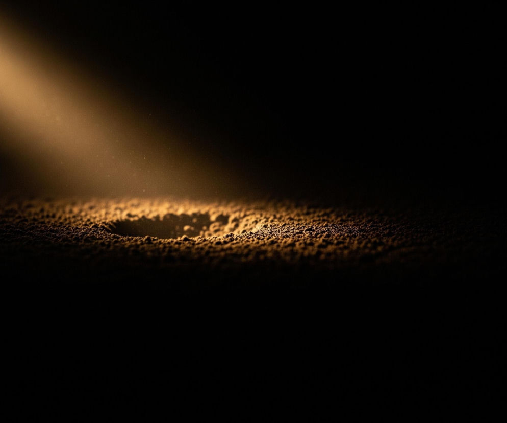 Centralnym elementem obrazu jest eliptyczny otwór, otoczony ziarnistą, brązową powierzchnią, która rozciąga się w głąb kadru. Jasny, skośny promień światła o ciepłej, żółto-pomarańczowej barwie pada z lewego górnego rogu, oświetlając otwór i jego bezpośrednie otoczenie, tworząc mocny kontrast z dominującą czernią tła. W promieniu światła widoczne są drobne, unoszące się cząsteczki, co nadaje mu eteryczny charakter.